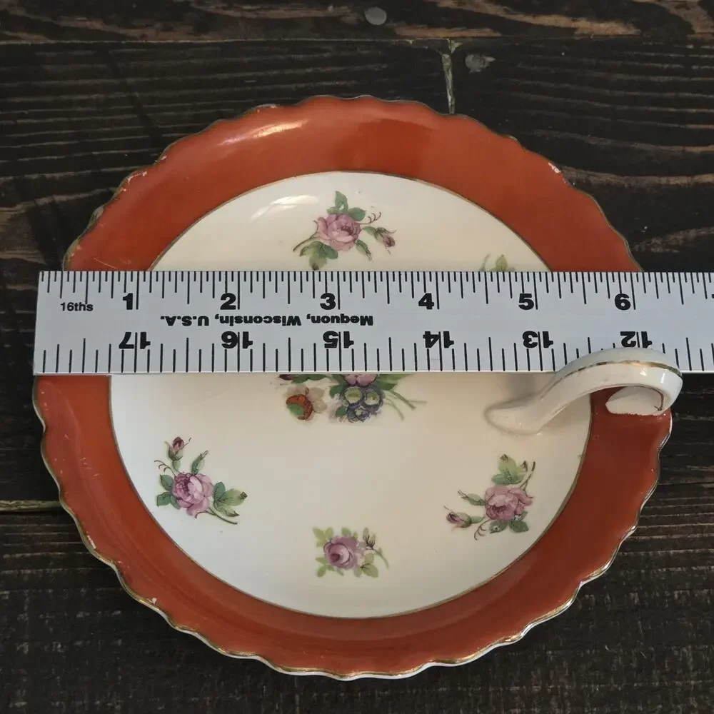 TAKITO Japan Lemon Wedge Server Red Rim Pink Roses, Gold Trim 6 1/8